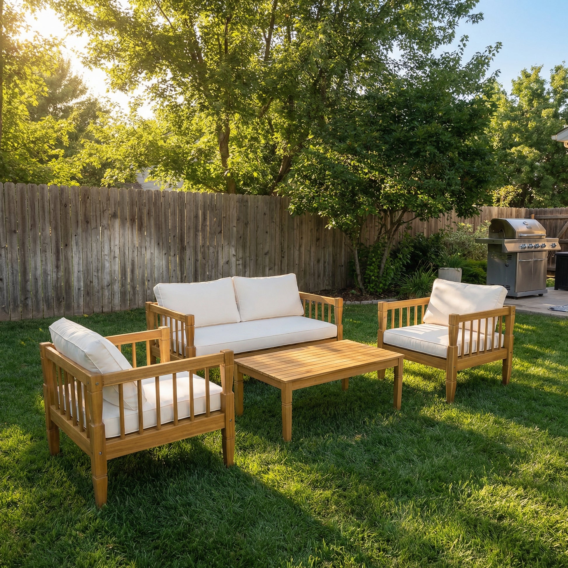 4-Piece Patio Furniture Set, Outdoor Furniture with coffee table, Patio Conversation Set Deep Seating with Thick Cushion for Backyard Porch Balcony,Teak finish image 1