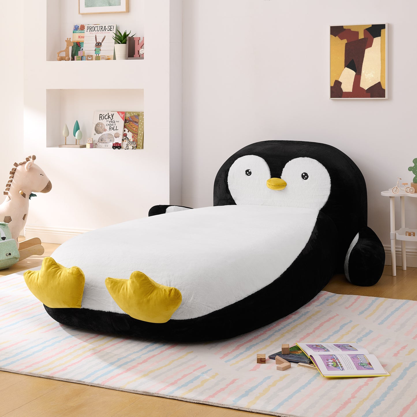 Twin Size Fluffy Faux Fur Penguin Shaped Bed Lounger Chair with 100% Sponge Filling for Kids Bedroom Playroom (88''x45''x29.5'') image 4