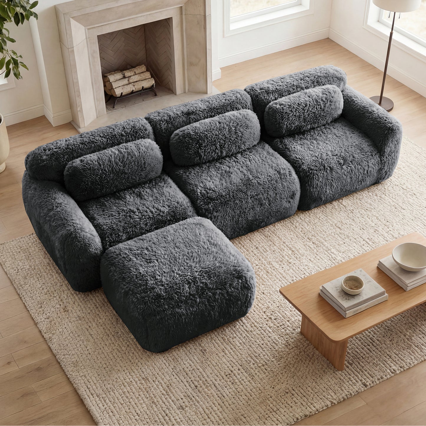 L-shaped Soft And Fluffy Plush Fabric,Boneless Sofa,With Throw Pillows 32D High Density Sponge,No Assembly Required Bottom,Anti-Slip Design Buckle Connection,Movable Ottoman For Living Room,Dark Grey image 2