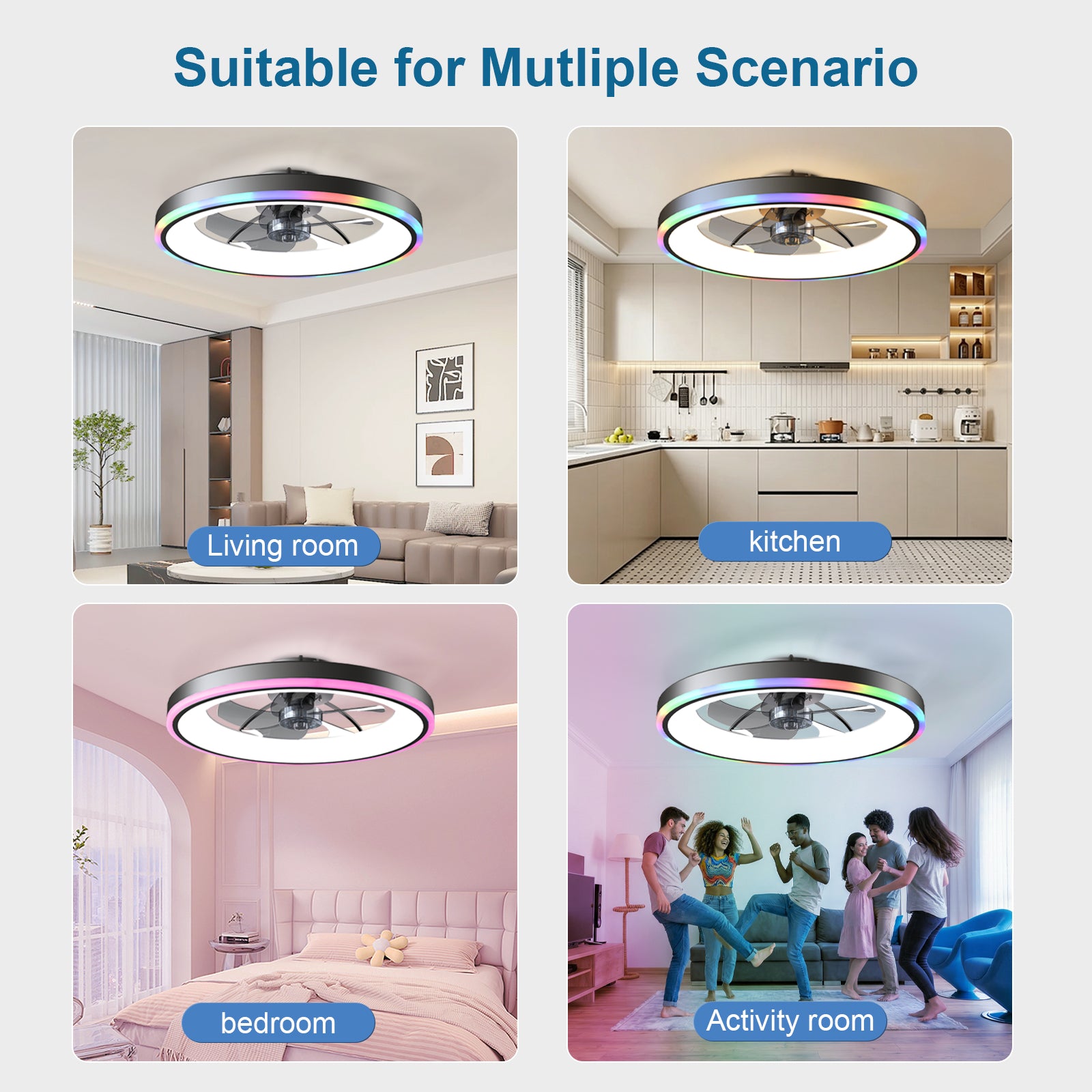 23.6" Modern RGB Ceiling Fan with Lights, Flush Mount Low Profile Fan with Remote & APP, 6-Speed Reversible Silent DC Motor, Dimmable 3000-6500K LED for Bedroom, Black image 3