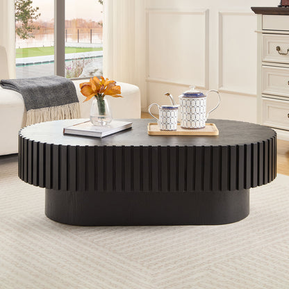 43.70 Inch Modern Handcraft Drum Coffee Table Oval Coffee Table for Living Room,Small Wooden Coffee Table with Sturdy Pedestal for Office,Black image 1