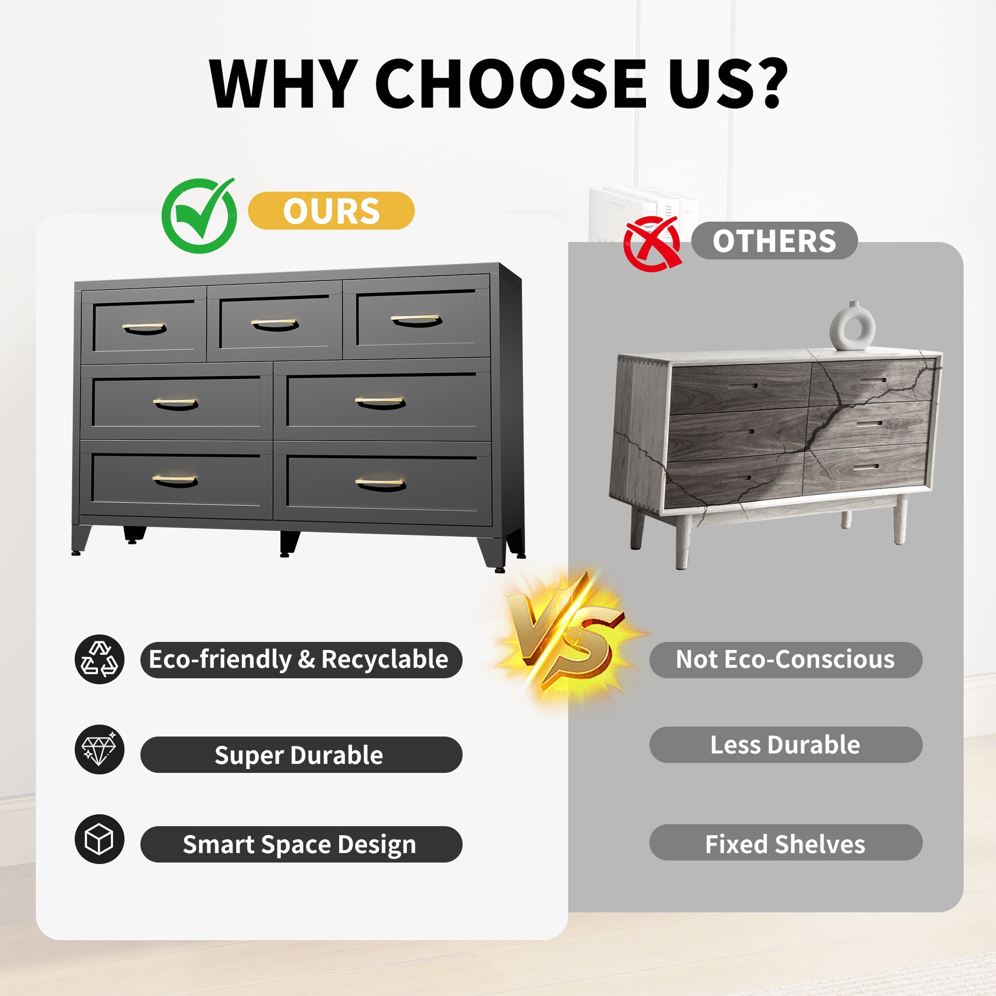 7-Drawer Dresser, Wide Low-Profile Storage Cabinet, Black Metal Chest of Drawers for Bedroom, Living Room & Entryway image 4