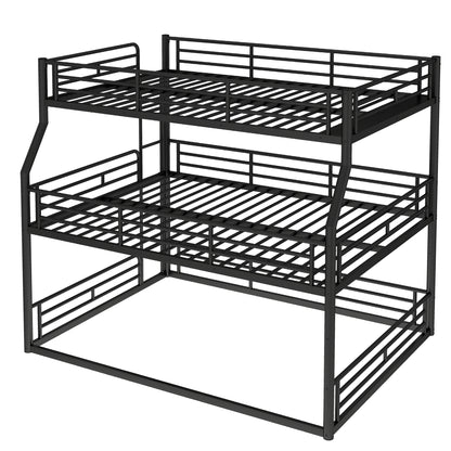 Full XL over Queen over Queen Bunk Bed, Metal Triple Bunk Bed with Safety Guardrails, Heavy-duty Bunk Bed with Noise-reduced Design, Black image 7