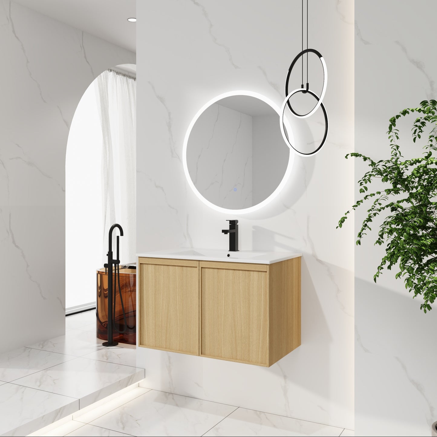 30" Floating Bathroom Vanity with Sink, Wall-Mounted Modern Light Oak Cabinet, Thin Edge Ceramic Basin, Soft-Close Doors, Spacious Storage, Easy Installation image 5