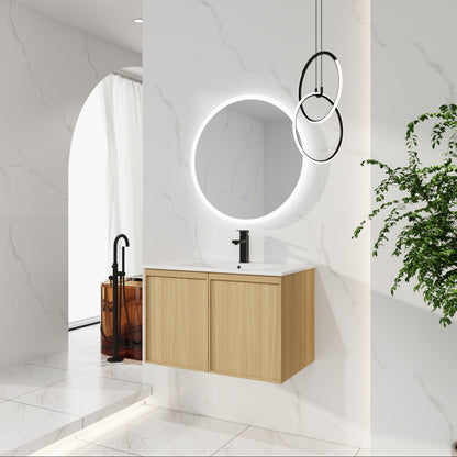 30" Floating Bathroom Vanity with Sink, Wall-Mounted Modern Light Oak Cabinet, Thin Edge Ceramic Basin, Soft-Close Doors, Spacious Storage, Easy Installation image 5