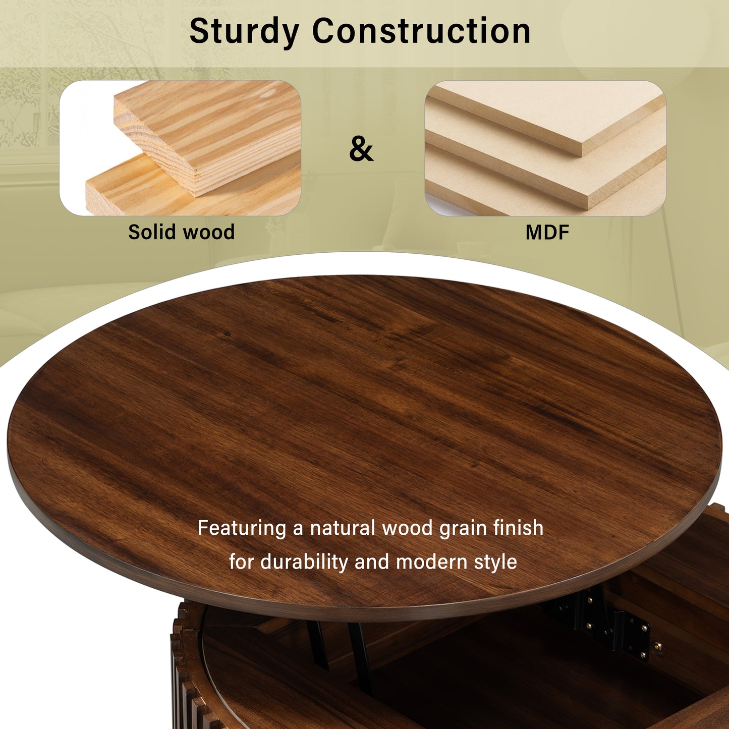 VIBE HAUS Round Lift Top Coffee Table, Modern Fluted Wood Accent Coffee Table with Hidden Storage for Living Room image 8