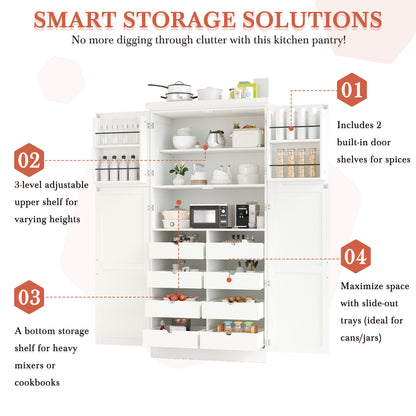 [Assembly Video Provided] TOPMAX 35.5x17.6x70.9inch Freestanding Kitchen Pantry Cabinet, Tall Storage Cabinet with 4 Doors, 2 Door Shelves, 8 Pull-out Trays and Adjustable Shelf for Dining Room, White image 8