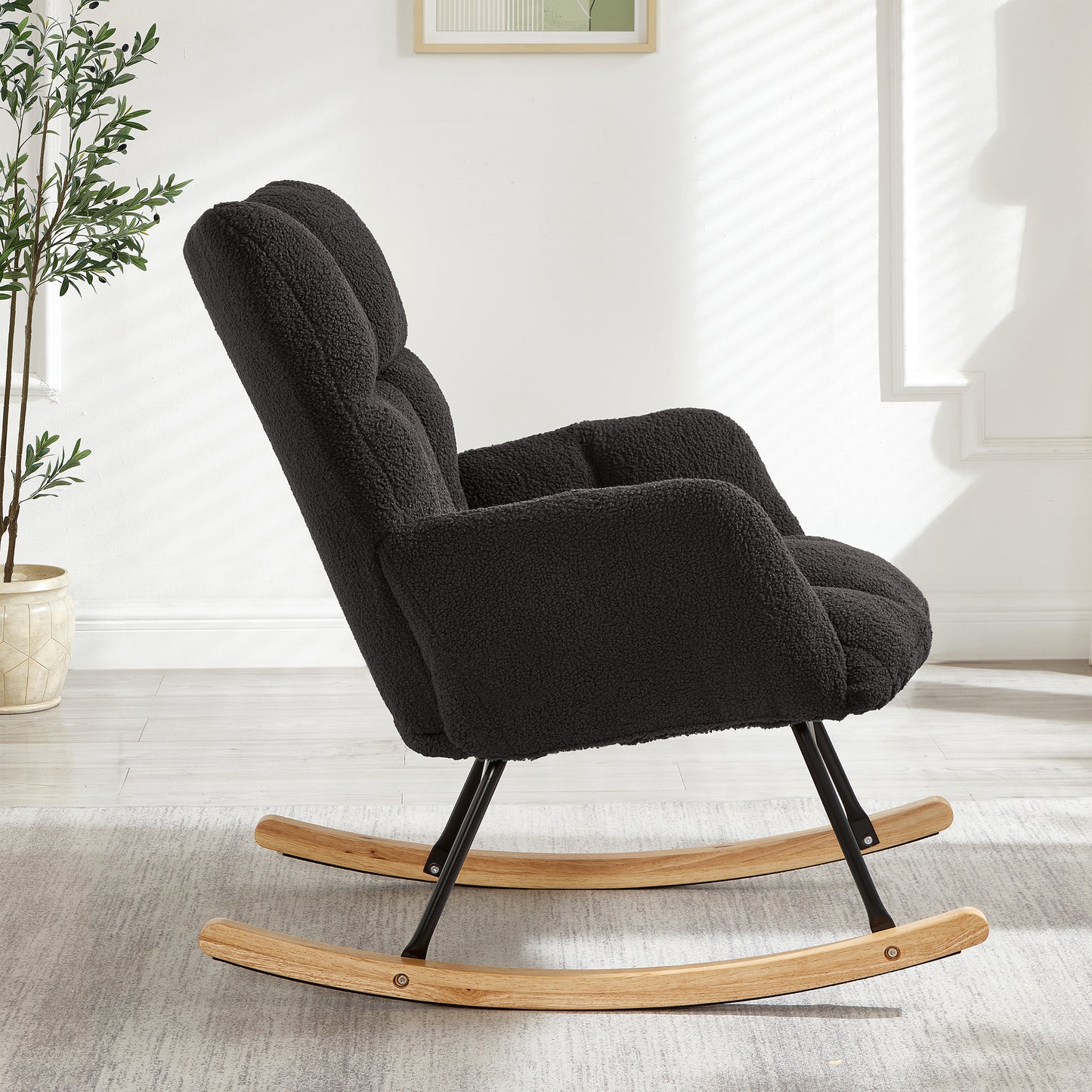Glider Chair for Living Room Tufted Upholstered Teddy Fabric Rocking Chair with Metal Frame Accent Chair Dark Gray image 3