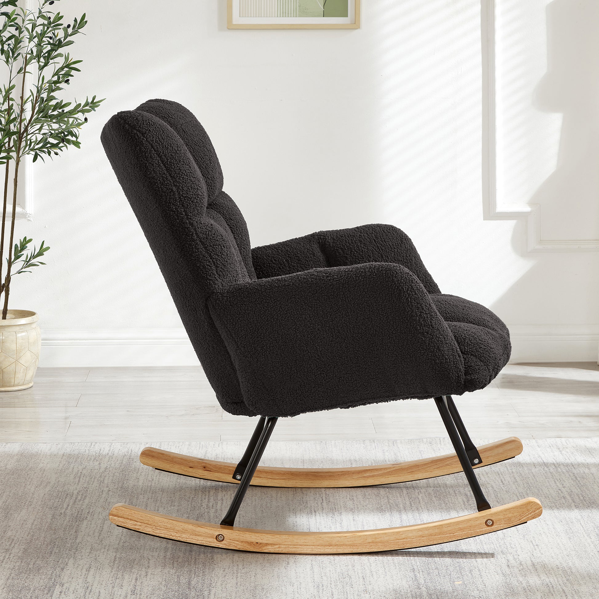 Glider Chair for Living Room Tufted Upholstered Teddy Fabric Rocking Chair with Metal Frame Accent Chair Dark Gray image 3