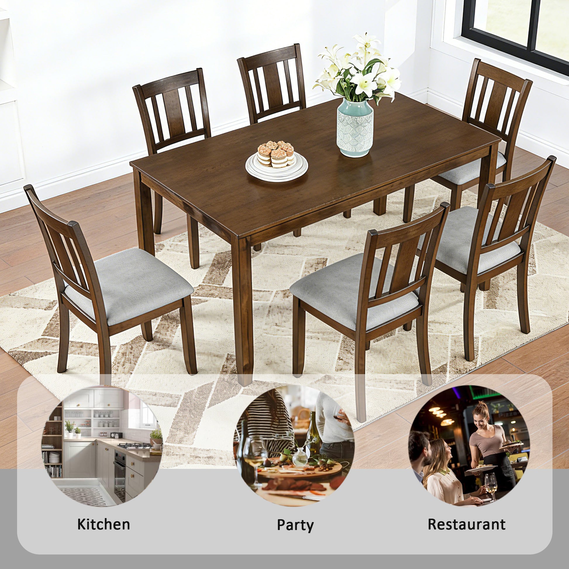 Modern 7-Piece Dining Table Set with 6 Upholstered Chairs, Wooden Rectangular Dining Table Set for 6 with Chairs, for Dining Room, Kitchen, Restaurant, Walnut image 3