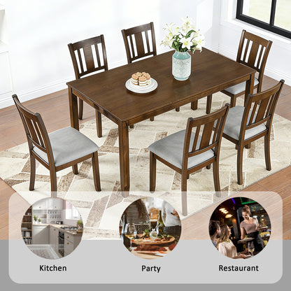 Modern 7-Piece Dining Table Set with 6 Upholstered Chairs, Wooden Rectangular Dining Table Set for 6 with Chairs, for Dining Room, Kitchen, Restaurant, Walnut image 3