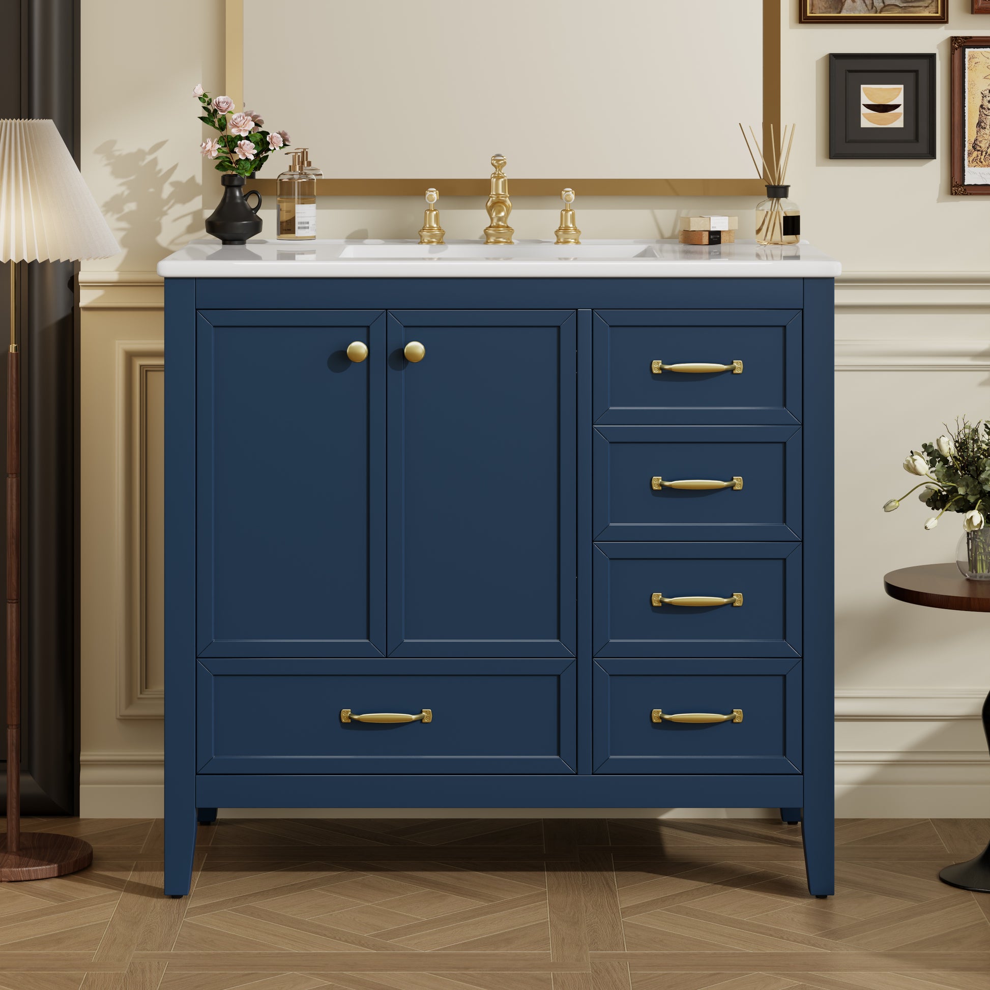 36" Bathroom Vanity with Sink, Bathroom Cabinet with Soft-Closing Door, 4 Drawers of Different Sizes, Solid Wood Frame and Leg, Two Packages, Blue image 6