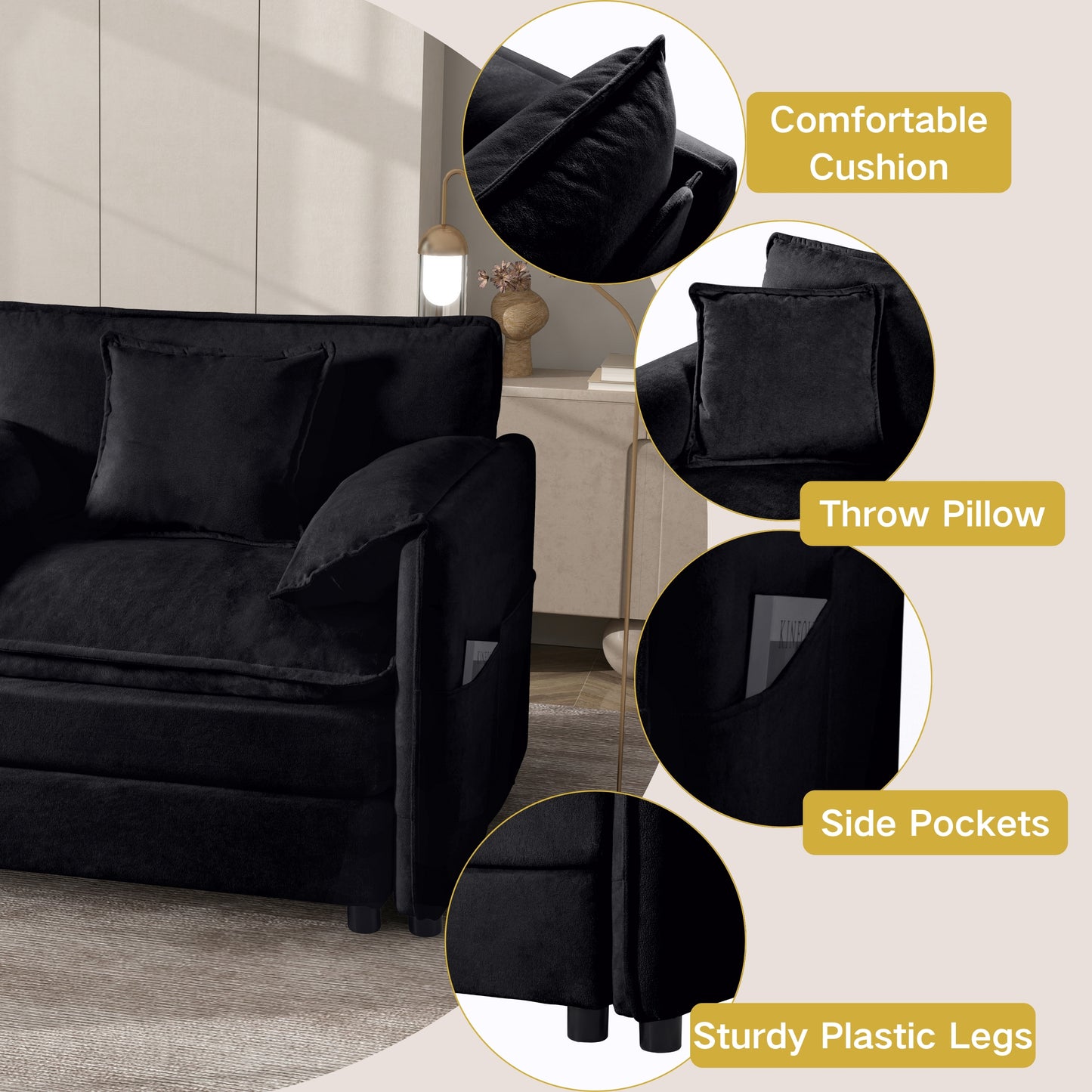 Oversized 57.48" Recliner Chair with Movable Ottoman - Soft Chenille Upholstered Indoor Lounge Chair for Living Room or Bedroom,DIY Combination,Black image 7