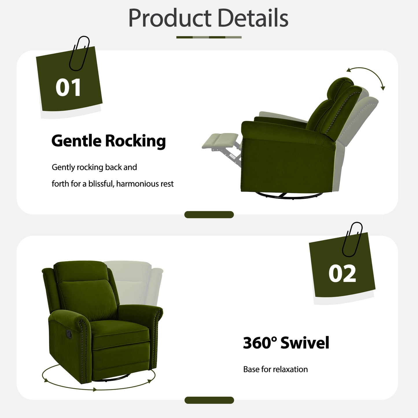 360° Swivel Recliner Manual Rocking Recliner Home Theater Manual Recliner Chair Nursery Rocker with Adjustable Backrest for Living Room, Green image 10