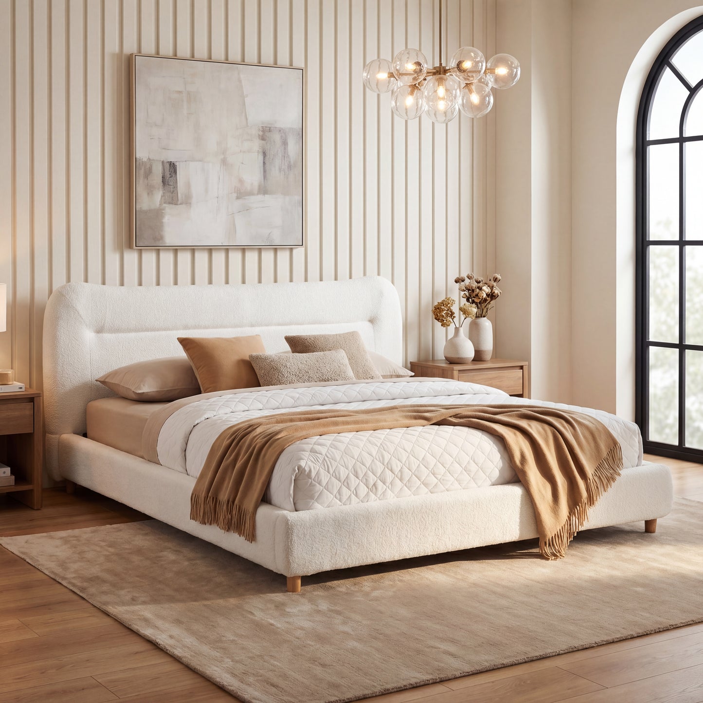Minimalist curved headboard teddy bear plush bed, King, Cream image 1