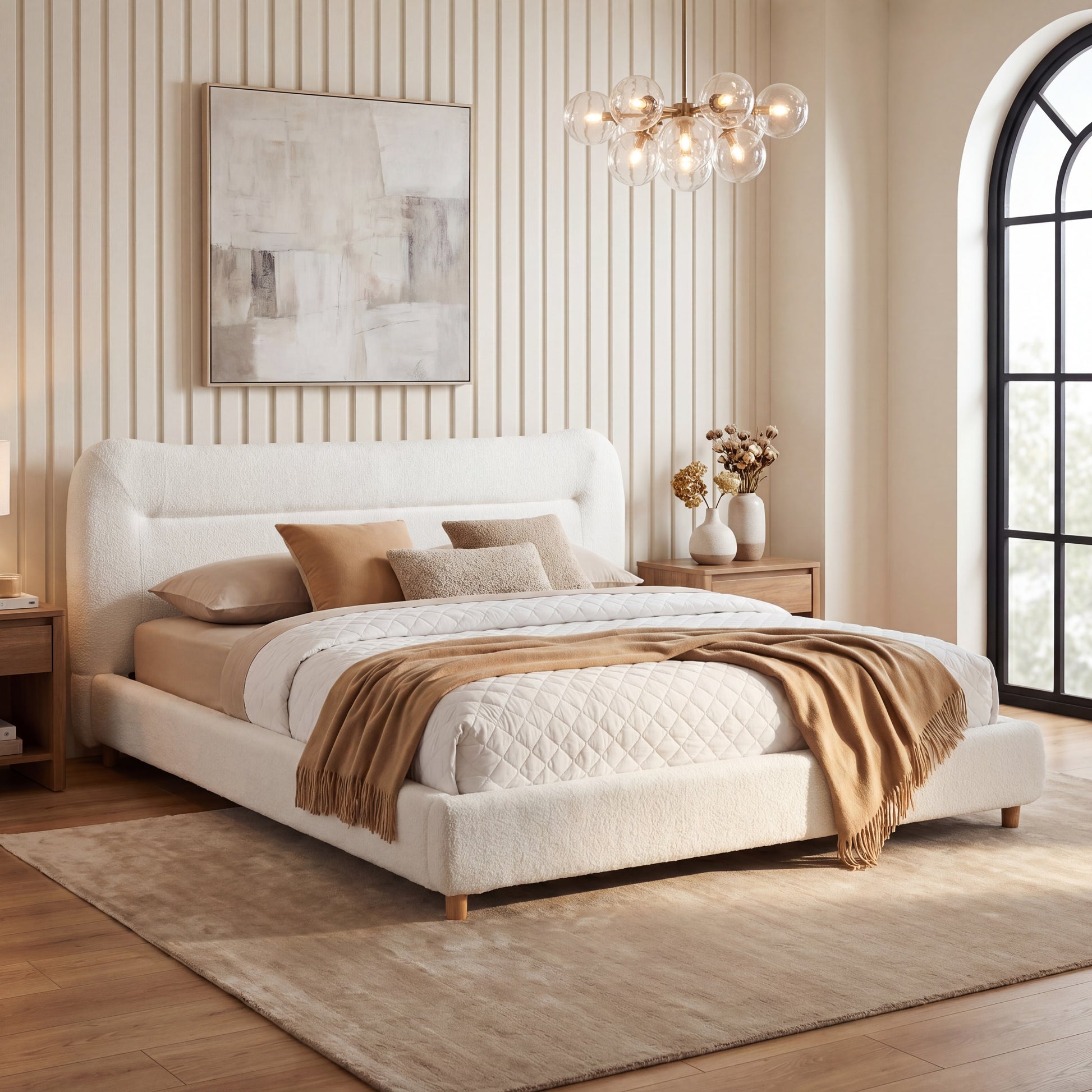 Minimalist curved headboard teddy bear plush bed, King, Cream image 1