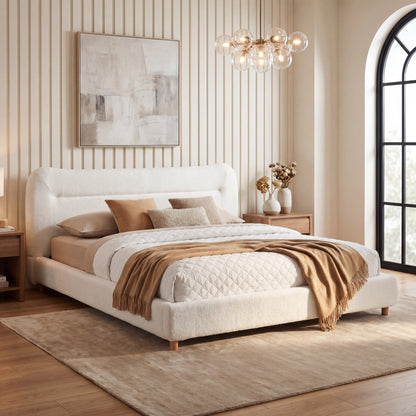 Minimalist curved headboard teddy bear plush bed, Queen, Cream image 1