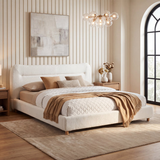 Minimalist curved headboard teddy bear plush bed, Queen, Cream image 1