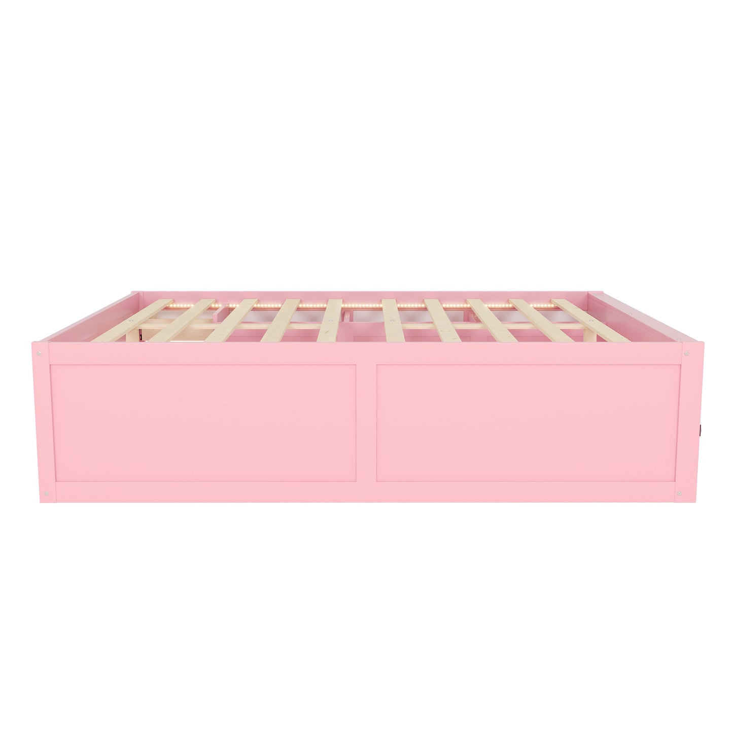 Queen Size Wooden Platform Bed with Bookshelf, Display Cabinet, LED Light and Drawer, Pink+White image 10