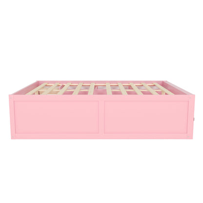 Queen Size Wooden Platform Bed with Bookshelf, Display Cabinet, LED Light and Drawer, Pink+White image 10