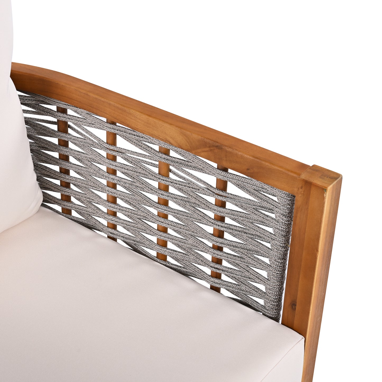 Outdoor Unique Tub Design Armchair with Woven Rope, Patio Furniture Acacia Wood Chair, Deep Seating with Soft Cushions for Porch, Garden, Backyard, Balcony, Teak Finish & Beige Cushion image 11