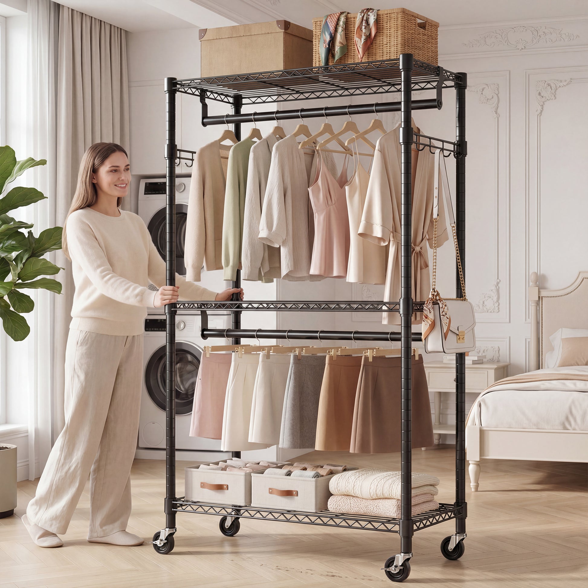 Heavy Duty Rolling Garment Rack 3 Tiers Adjustable Wire Shelving Clothes Rack with 2 Rods and Side Hooks,Storage Closet Clothing Rack with Wheels Black 15.7" D x 29.5" W x 74.5" H image 7