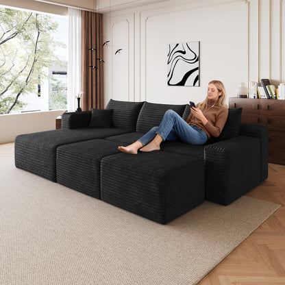 95" Cloud Sectional Sofa with 2 Ottoman,Modern Minimalist Upholstered Couches, Comfort U Shaped Sofa for Living Room,Deep Seat Corner Couch,No Assembly Required,Black (Plush Corduroy Fabric) image 1