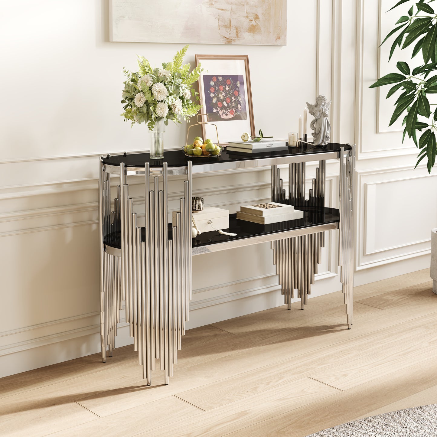 Luxury Silver Console Table with 2-Tier Black Tempered Glass Shelves, Modern Oval Entryway Table for Hallway & Living Room, Polished Stainless Steel Frame, 47" x 15.7" x 31.5" image 1