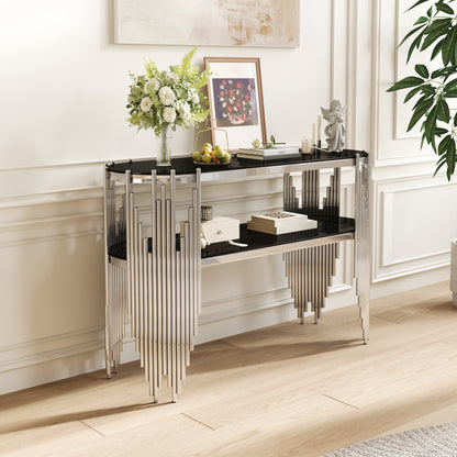 Luxury Silver Console Table with 2-Tier Black Tempered Glass Shelves, Modern Oval Entryway Table for Hallway & Living Room, Polished Stainless Steel Frame, 47" x 15.7" x 31.5" image 1