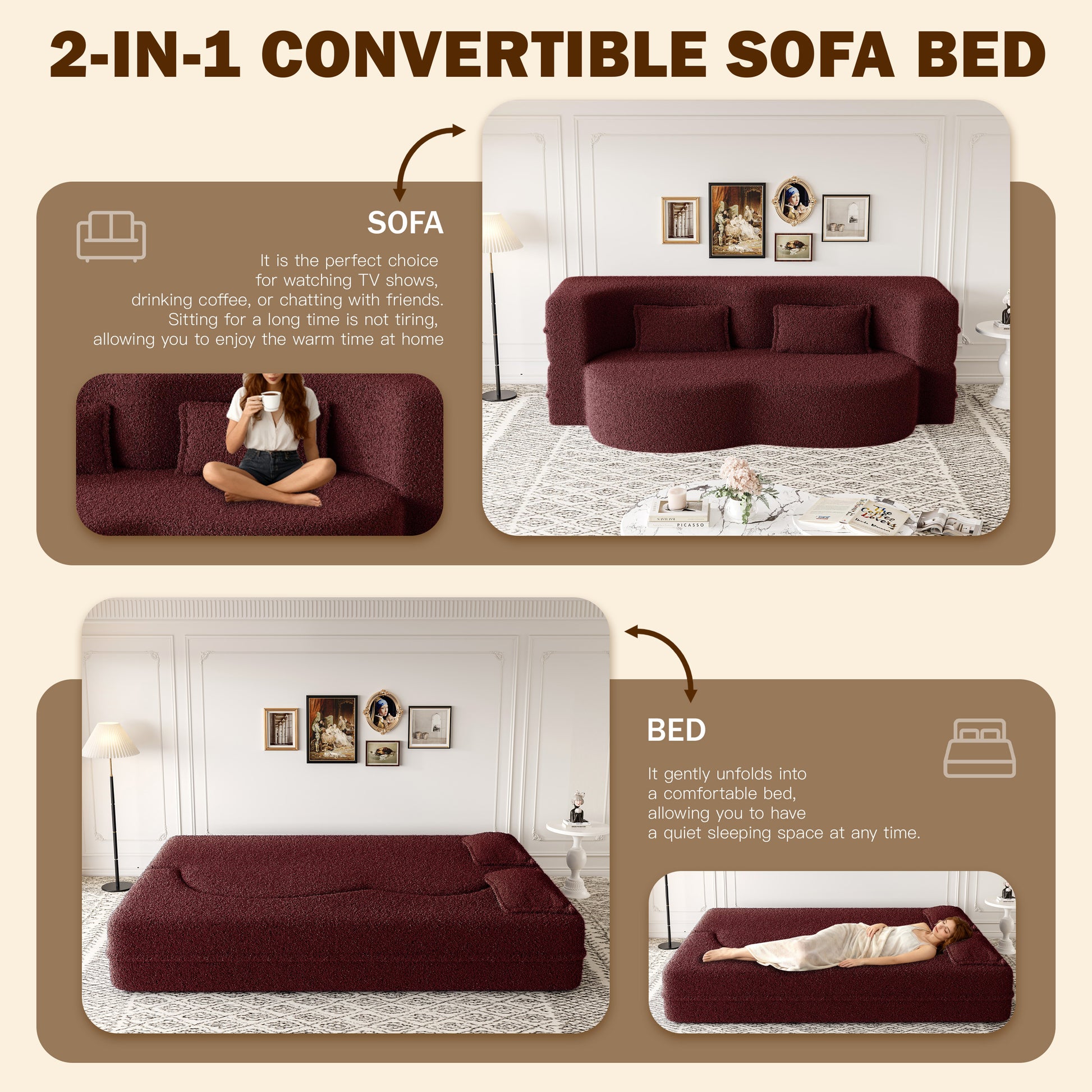 Modern Floor Sofa with 2 Pillows,Convertible Sherpa Fleece Fabric Foam-Filled Sleeper Sofa Bed,15" Twin Size Folding Mattress for Living Room,Guest Bed,Playroom,no assembly required,Burgundy image 10