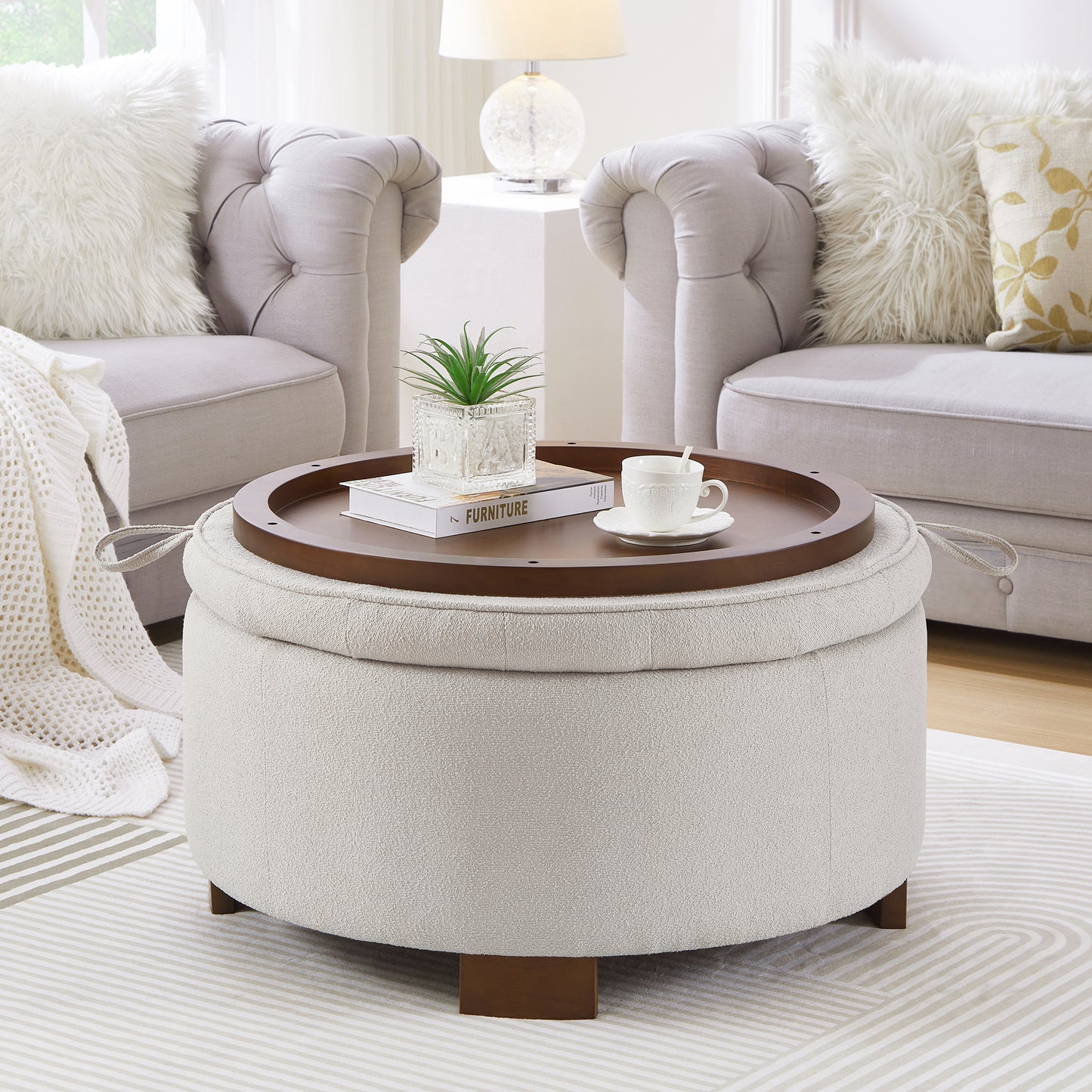 Round Storage Ottoman with Reversible Lid - Boucle Fabric Upholstered Footstool, Hidden Storage Compartment, Wooden Legs, Dual-Purpose Seat & Side Table for Living Room, Bedroom - BEIGE image 1