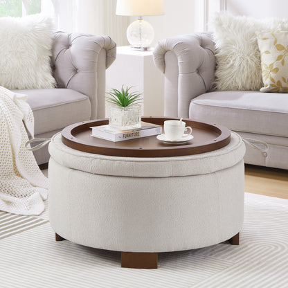 Round Storage Ottoman with Reversible Lid - Boucle Fabric Upholstered Footstool, Hidden Storage Compartment, Wooden Legs, Dual-Purpose Seat & Side Table for Living Room, Bedroom - BEIGE image 1