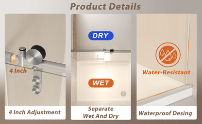 50-54" x 76" H Frameless Sliding Shower Door, 5/16" (8mm) Clear Tempered Glass, Stainless Steel Frame,Brushed Nickel image 10