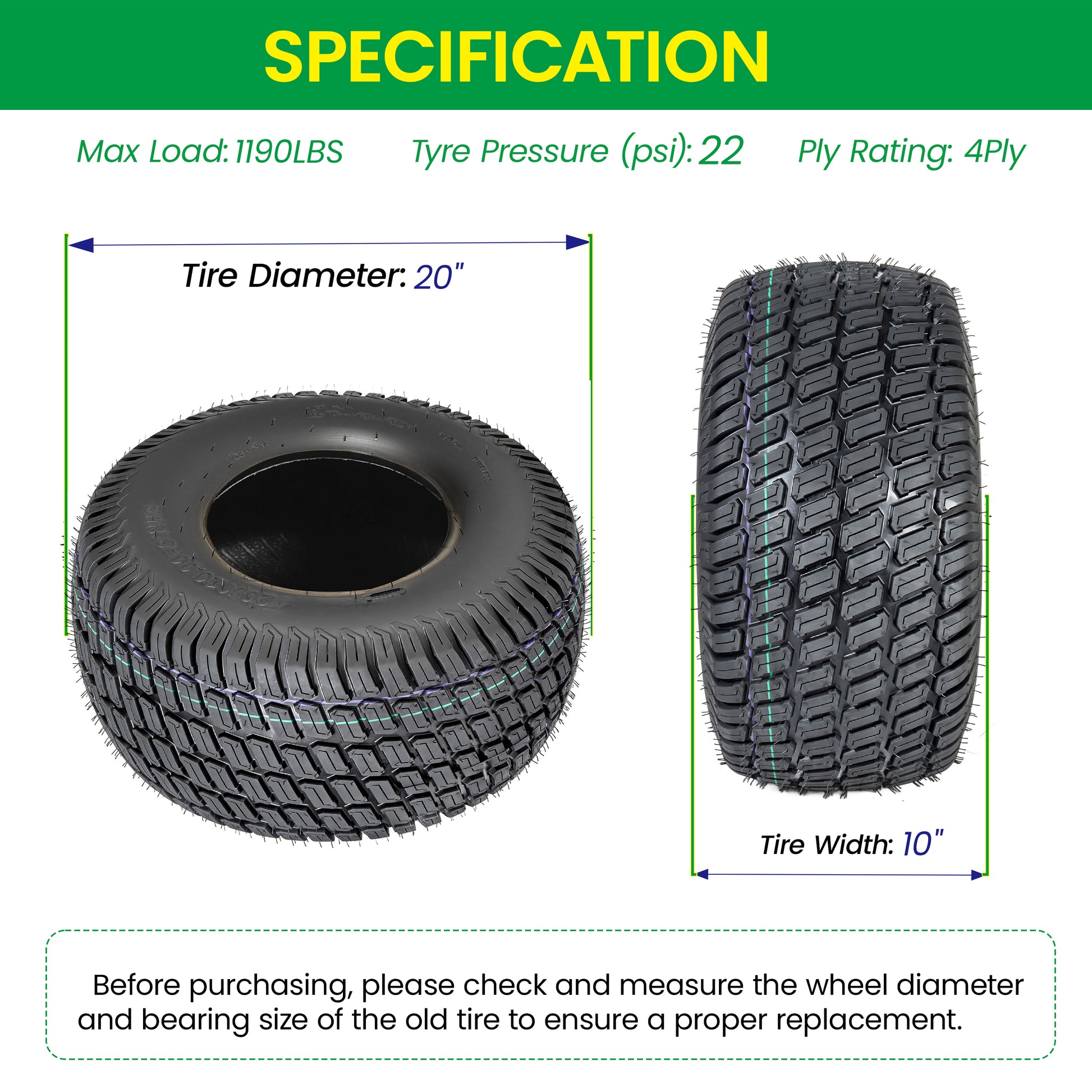 Set of 2 20x10.00-8 Lawn Mower Tires, 4-Ply Tubeless Turf Tread Heavy Duty, Tire Only No Rim, Fits 8" Rim for Large Garden Tractors, 1190 lbs Capacity image 5