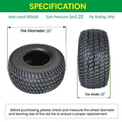 Set of 2 20x10.00-8 Lawn Mower Tires, 4-Ply Tubeless Turf Tread Heavy Duty, Tire Only No Rim, Fits 8" Rim for Large Garden Tractors, 1190 lbs Capacity image 5