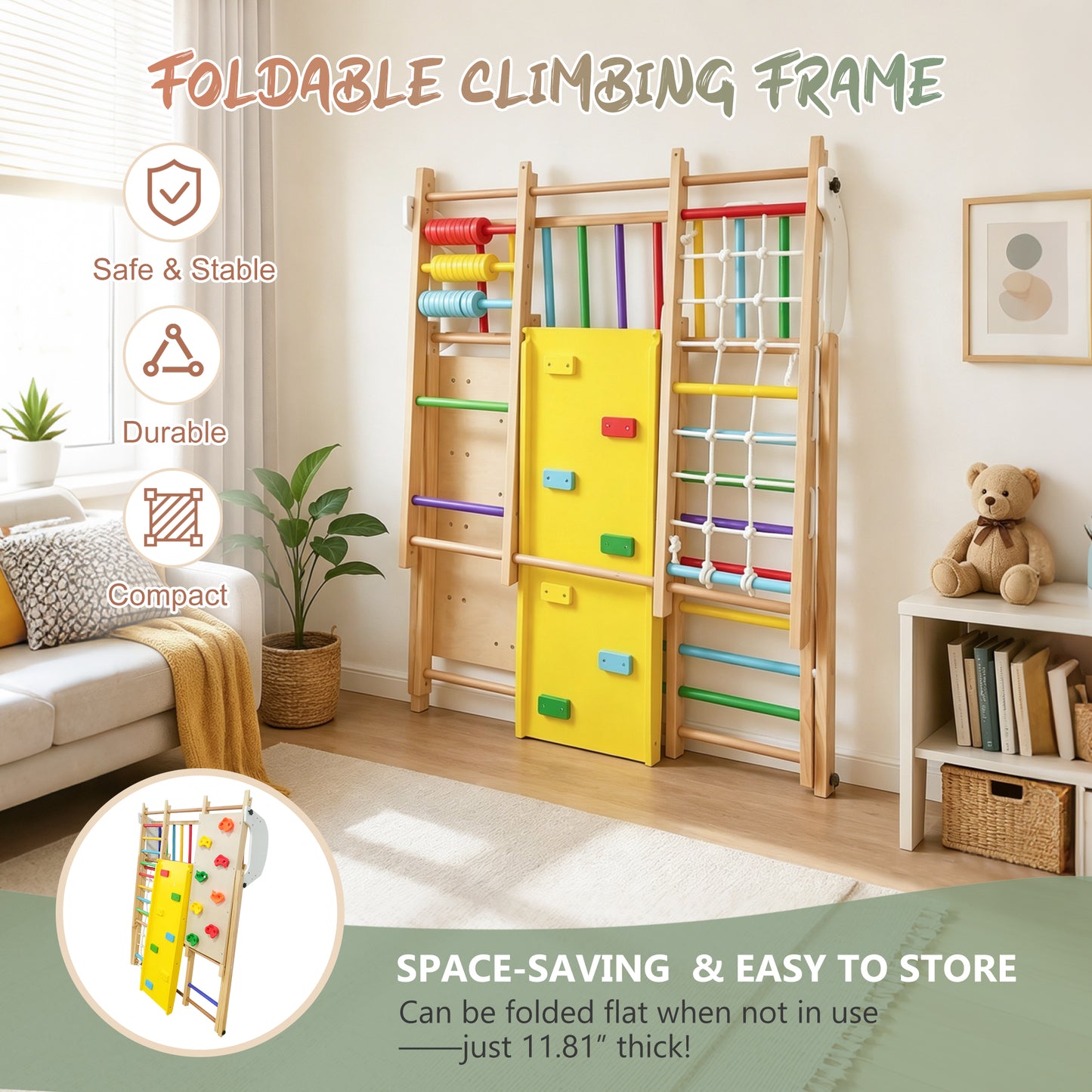9-in-1 Foldable Kids Climbing Frame & Slide, Wooden Toddler Playground with Swing, Monkey Bars, Climbing Rock, Abacus Game – Indoor Outdoor Playset for Ages 3+, Natural Wood, 176LBS Capacity image 4
