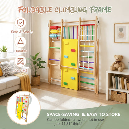 9-in-1 Foldable Kids Climbing Frame & Slide, Wooden Toddler Playground with Swing, Monkey Bars, Climbing Rock, Abacus Game – Indoor Outdoor Playset for Ages 3+, Natural Wood, 176LBS Capacity image 4
