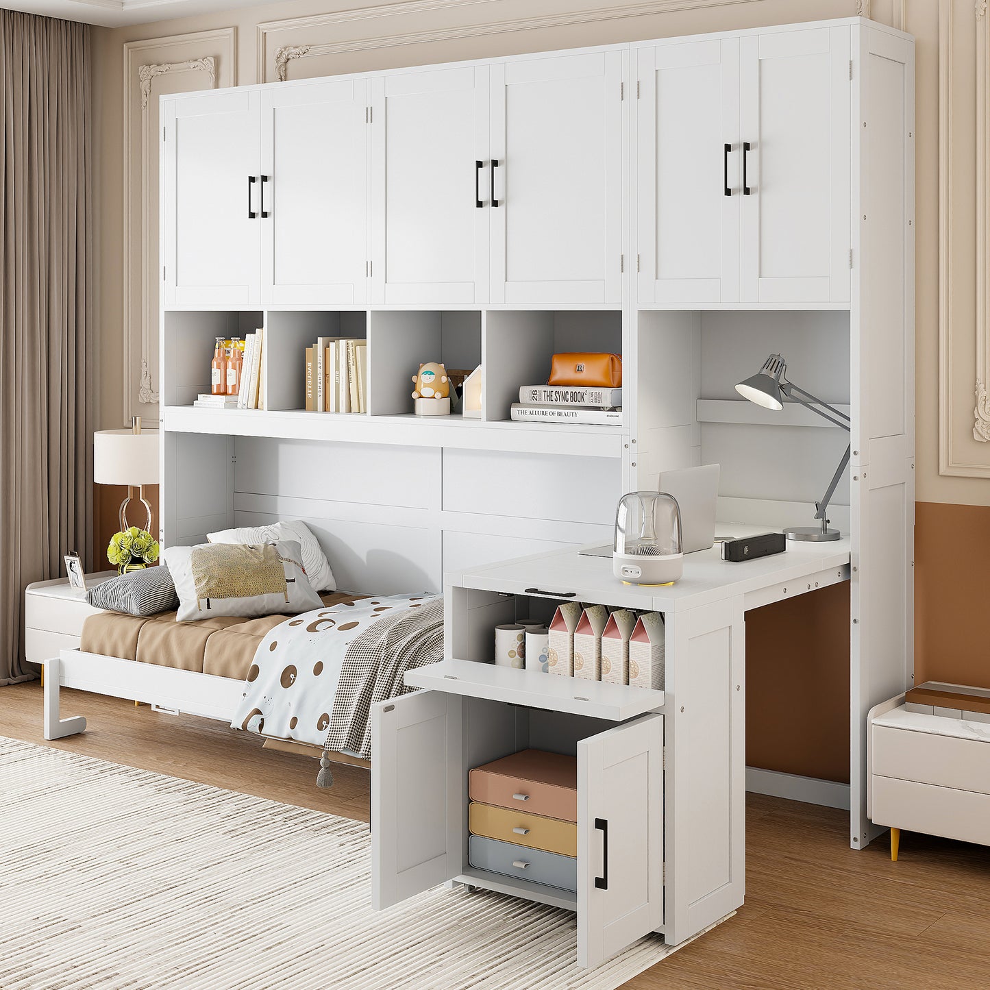 Twin Size Murphy Bed Wall Bed with Closet, Drawers & Desk-White(OLD SKU:LP000595AAK-2) image 1