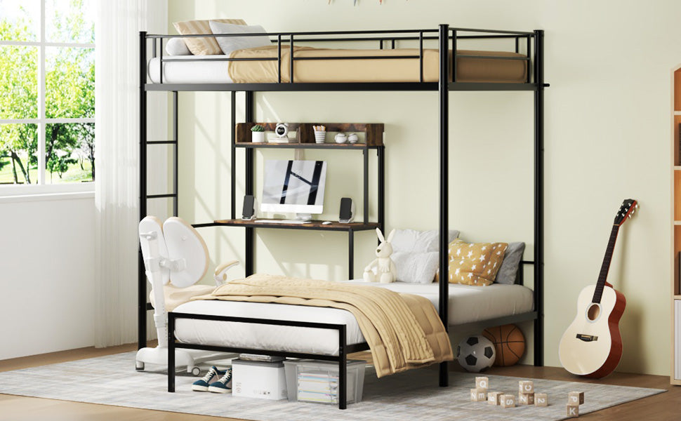 Bunk Bed Twin Over Twin Size with Desk and Charging Station L-Shaped Metal Bunk Bed with Storage Shelves and Bookcase Loft Beds with Safety Guardrail and Ladder for Teen,Black image 4