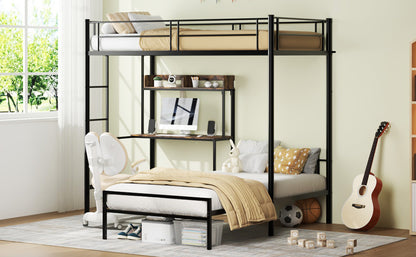 Bunk Bed Twin Over Twin Size with Desk and Charging Station L-Shaped Metal Bunk Bed with Storage Shelves and Bookcase Loft Beds with Safety Guardrail and Ladder for Teen,Black image 4