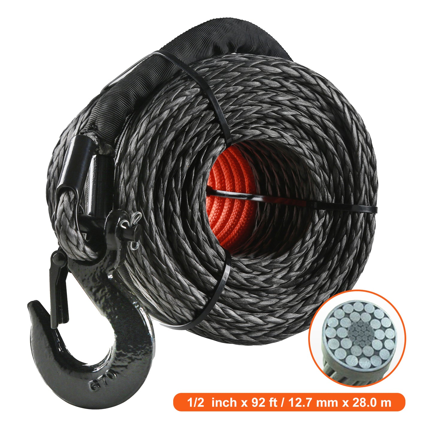 Synthetic Winch Rope, 1/2 Inch x 92 Feet 32,000 lbs Synthetic Winch Line Cable Rope with Protective Sleeve + Forged Winch Hook + Pull Strap, Universal Fit for SUV, Large Off-Road Vehicle, Truck image 11