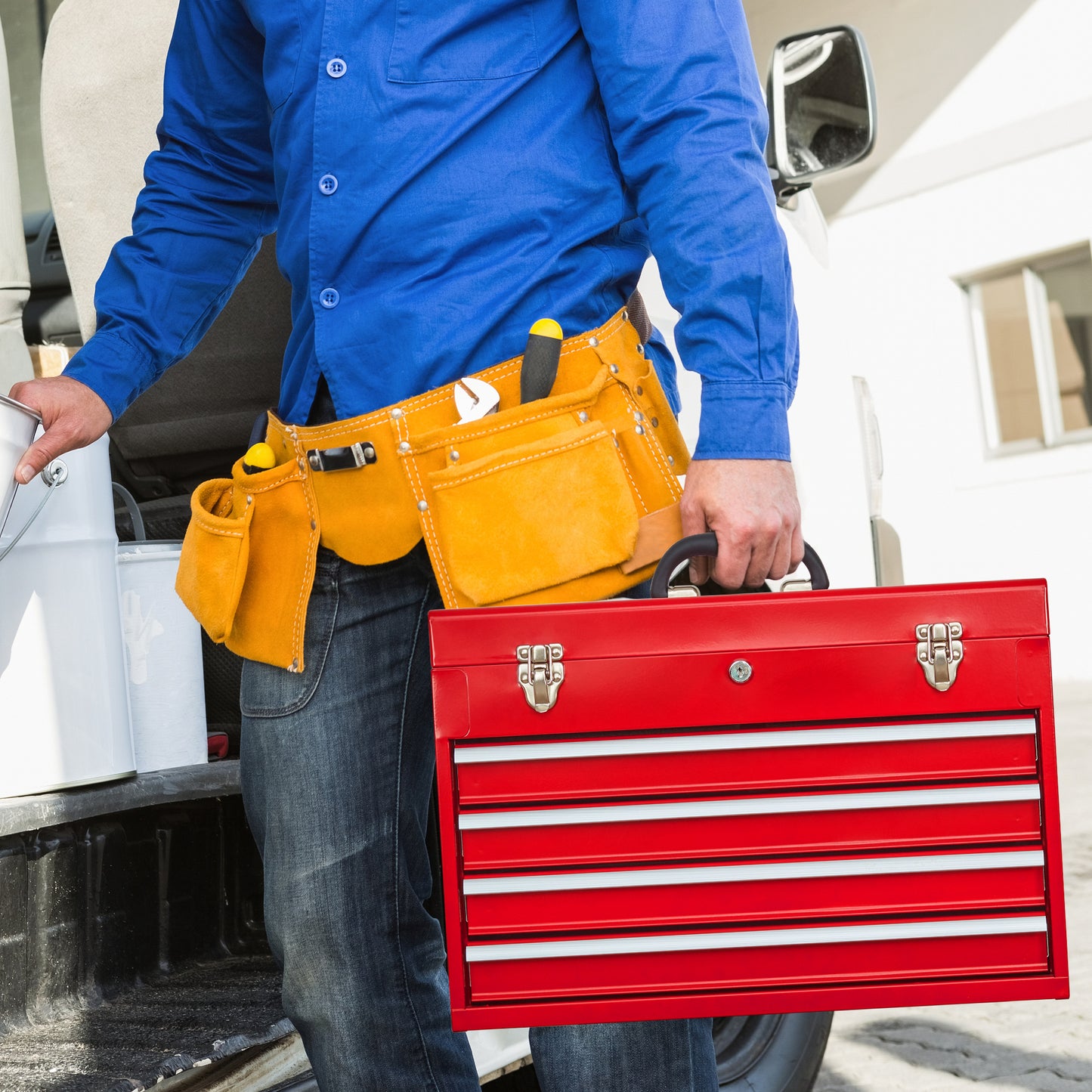 Metal Tool Box with 4 Drawers Portable Steel Tool Chest with Metal Cylinder Lock and Latch Closure, Liner, Red Powder coating, suitable for Garage, Warehouse and Outdoor Repair job-Red image 9