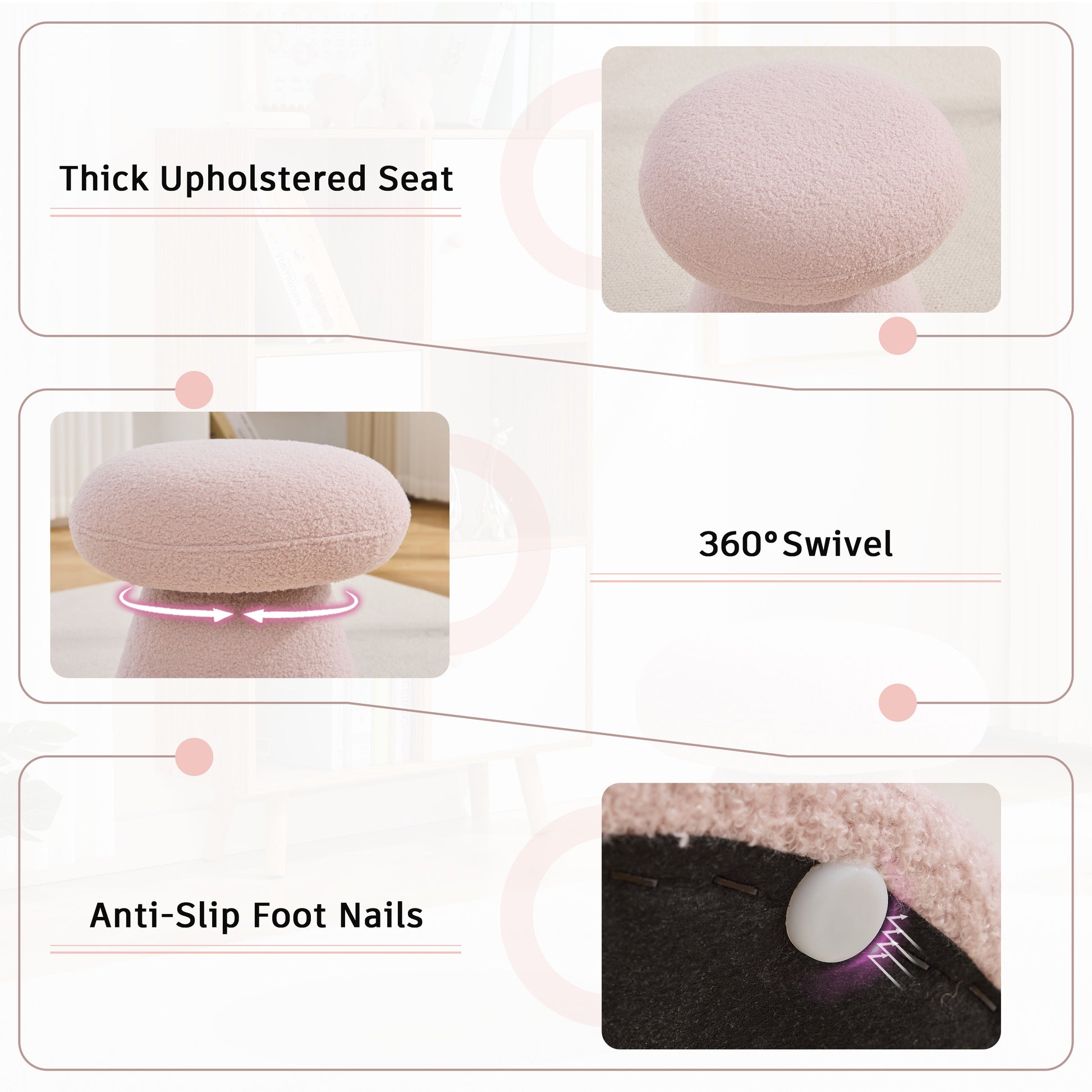 066-Teddy Fabric Soft-padded Footstool, Mushroom shaped Ottoman, Shoe-changing Stool, Makeup Stool,No Installation Required, Suitable For Bedrooms, Living Rooms, Powder Rooms Or Entrances, Pink image 4