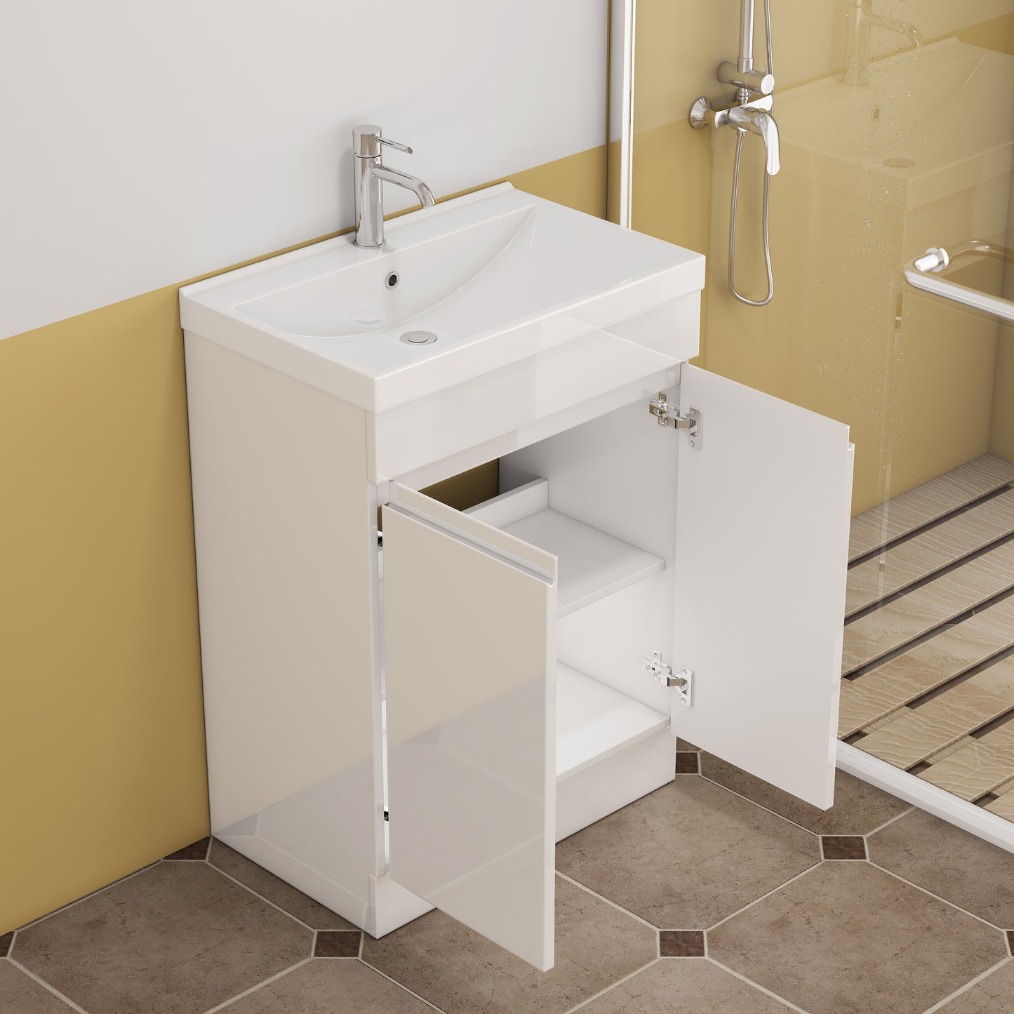 24-Inch Bathroom Vanity With Sink Combo, 2 Doors Bathroom Cabinet, With Shelf,Handle Free Design,Unique Thick-Edged Ceramic Basin,Soft Close System Hinge,Easy Assemble,Glossy White image 9
