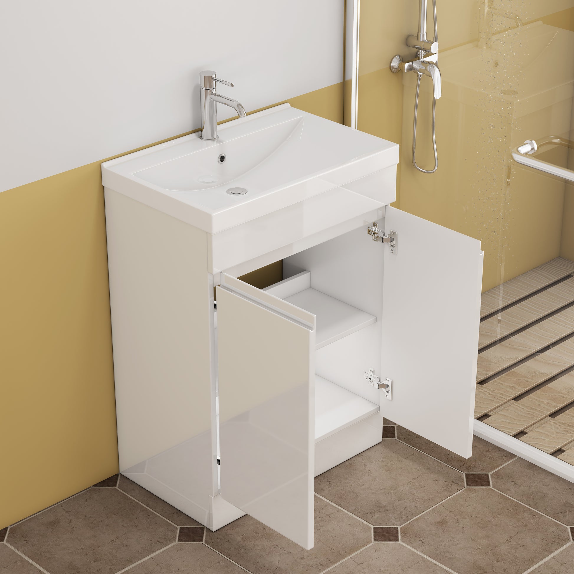 24-Inch Bathroom Vanity With Sink Combo, 2 Doors Bathroom Cabinet, With Shelf,Handle Free Design,Unique Thick-Edged Ceramic Basin,Soft Close System Hinge,Easy Assemble,Glossy White image 9