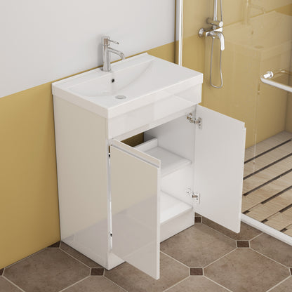 24-Inch Bathroom Vanity With Sink Combo, 2 Doors Bathroom Cabinet, With Shelf,Handle Free Design,Unique Thick-Edged Ceramic Basin,Soft Close System Hinge,Easy Assemble,Glossy White image 9