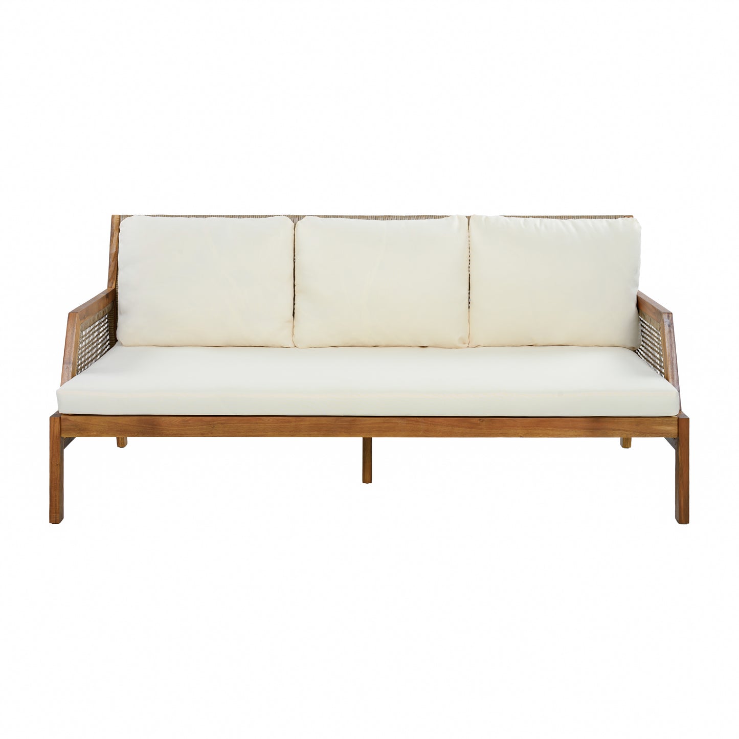 3 Piece Acacia Wood Patio Furniture Set, Outdoor Wicker Furniture Sectional Sofa Set with Coffee Table, 4 Seats Sofa Deep Seating with Soft Cushions for Garden, Backyard, Teak & Mix Brown & Cream image 5