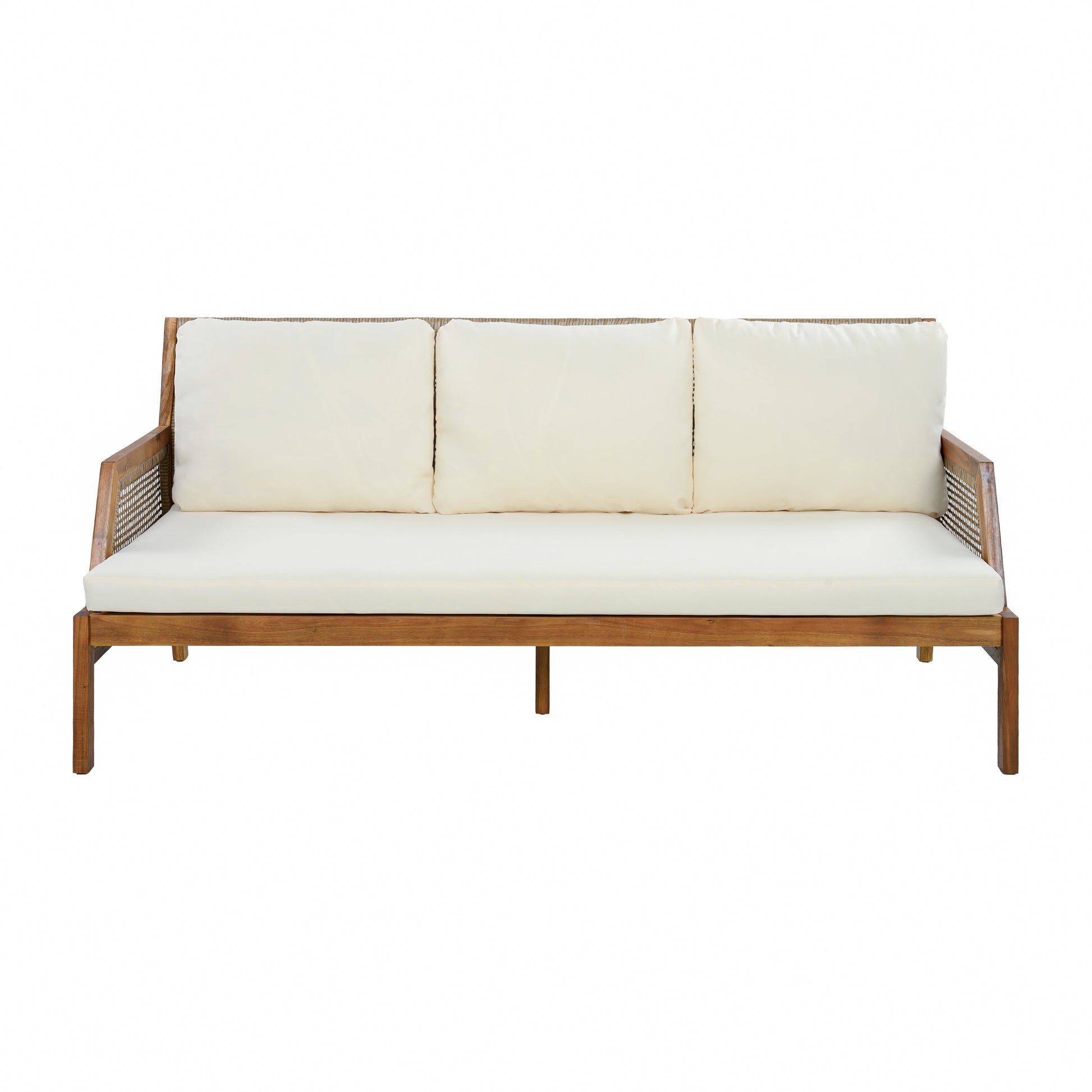 3 Piece Acacia Wood Patio Furniture Set, Outdoor Wicker Furniture Sectional Sofa Set with Coffee Table, 4 Seats Sofa Deep Seating with Soft Cushions for Garden, Backyard, Teak & Mix Brown & Cream image 5