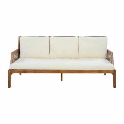 3 Piece Acacia Wood Patio Furniture Set, Outdoor Wicker Furniture Sectional Sofa Set with Coffee Table, 4 Seats Sofa Deep Seating with Soft Cushions for Garden, Backyard, Teak & Mix Brown & Cream image 5