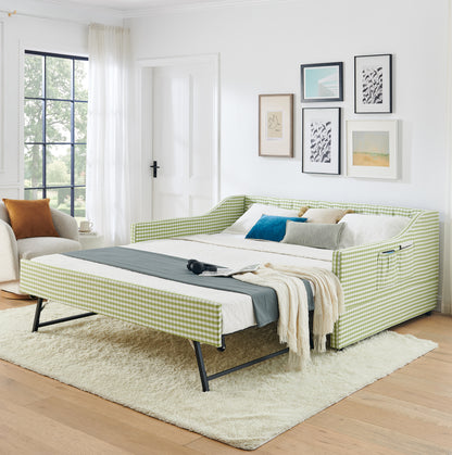 Full‑Size Daybed,Upholstered Convertible Daybed with Tufted Button Backrest, 3‑in‑1 Versatile Sofa Bed with Pull‑Out Trundle & Side Storage, Perfect for Compact Living-Green image 4
